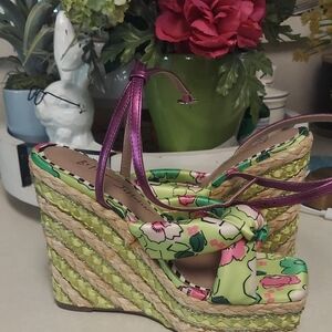 Betsey Johnson Lime Floral Espadrille Wedge Sandals with Metallic Purple Straps